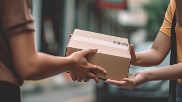 Mano de mujer de IA generativa aceptando una entrega de cajas de un repartidor