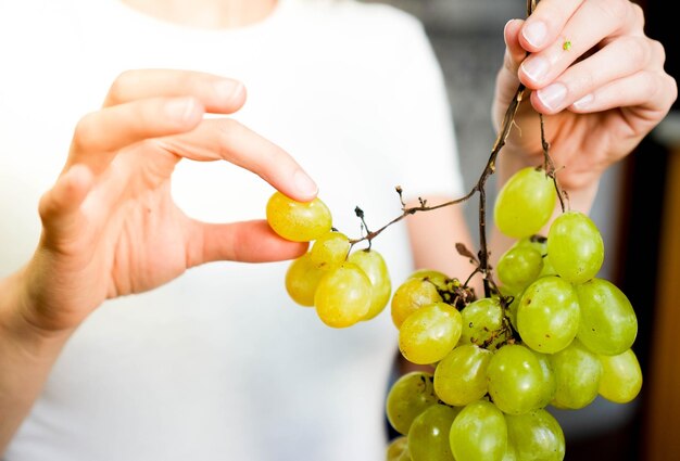 Foto mano de mujer irreconocible tomando una uva dulce frw para comer una dieta saludable y equilibrada