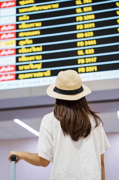 Mano de mujer joven sosteniendo el asa del equipaje antes de verificar el tiempo de vuelo en el aeropuerto Conceptos de viaje y vacaciones de seguro de transporte