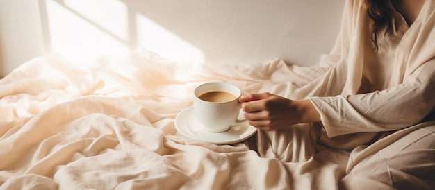Mano de mujer joven sosteniendo una taza blanca de café en la cama por la mañana