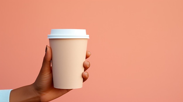 La mano de una mujer linda sosteniendo una taza de café en blanco en primer plano