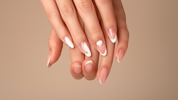 una mano de mujer con una manicura blanca y una manicure blanca