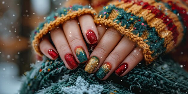 La mano de la mujer con la manicura roja y dorada