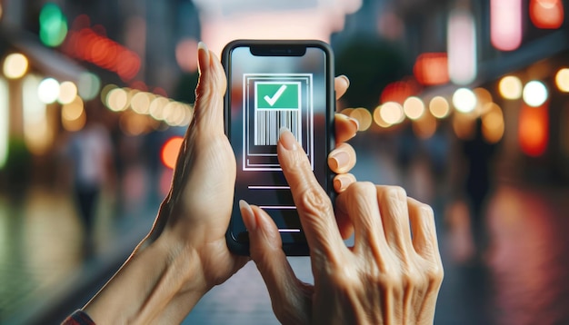 Foto una mano de una mujer mayor sosteniendo un teléfono inteligente en la calle nocturna borrosa con una aplicación de código de barras en la pantalla