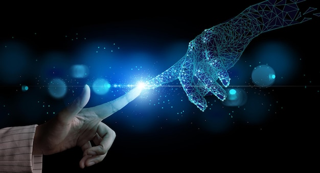 Mano de mujer de negocios tocando la mano inteligencia artificial que significa tecnología conexión futuro