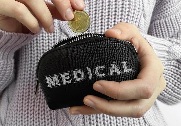 Mano de mujer poniendo moneda en billetera negra con palabra médica