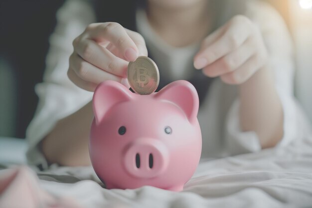 La mano de la mujer poniendo la moneda en el cerdo concepto de ahorro de dinero