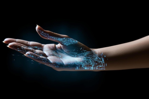 Foto la mano de la mujer presenta tecnología futurista remix digital