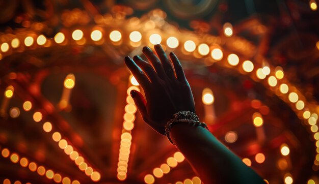 Mano de mujer con pulsera y reloj en el fondo de la rueda de la ferris iluminada