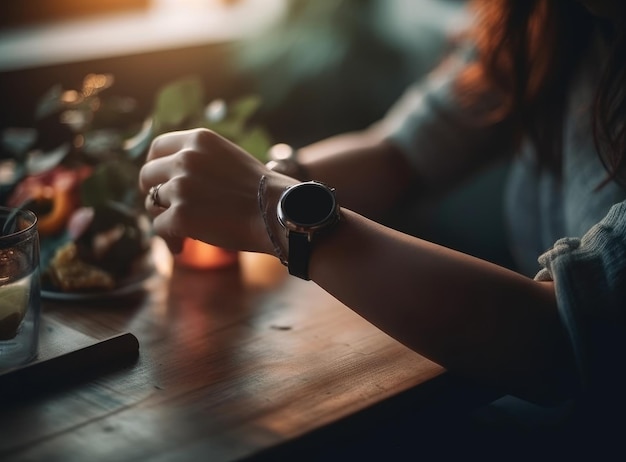 Foto mano de mujer con smartwatch moderno ai generativo