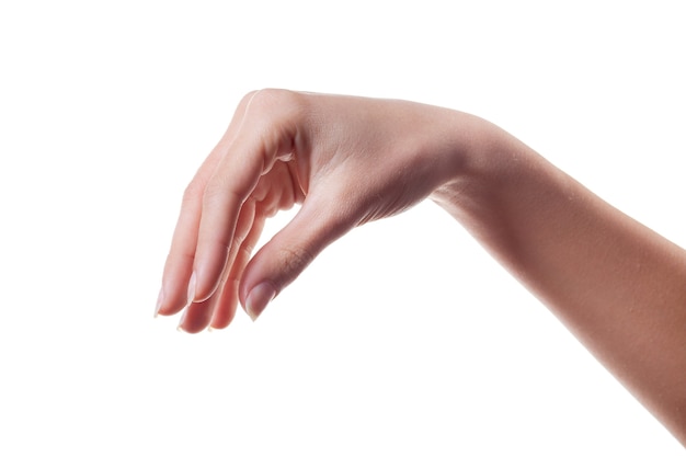 Mano de mujer sosteniendo algo aislado en un blanco. Cuerpo.