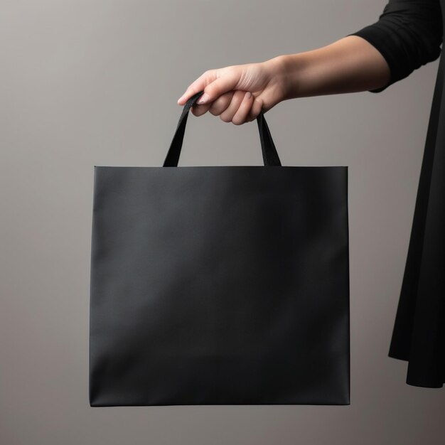 Foto la mano de una mujer sosteniendo una bolsa de papel negra