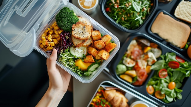La mano de una mujer sosteniendo una caja de almuerzo con comida saludable en la mesa tomada desde la parte superior Generative Ai