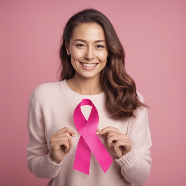 Mano de mujer sosteniendo cinta rosa conciencia de cáncer de mama