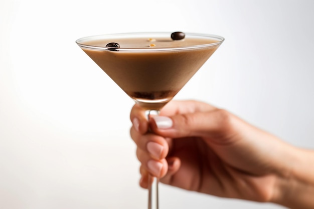 La mano de una mujer sosteniendo una copa de martini con un martini espresso de chocolate.