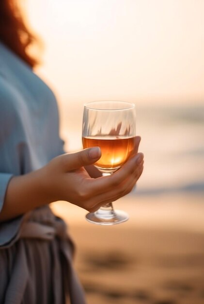 Mano de mujer sosteniendo una copa de vino al atardecer AI generativa