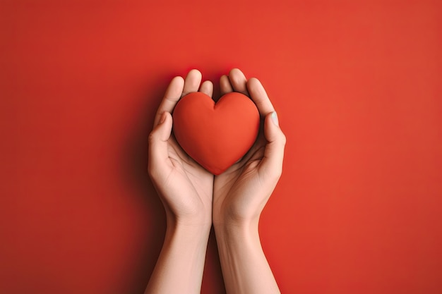 Mano de mujer sosteniendo corazón rojo contra el fondo rojo.