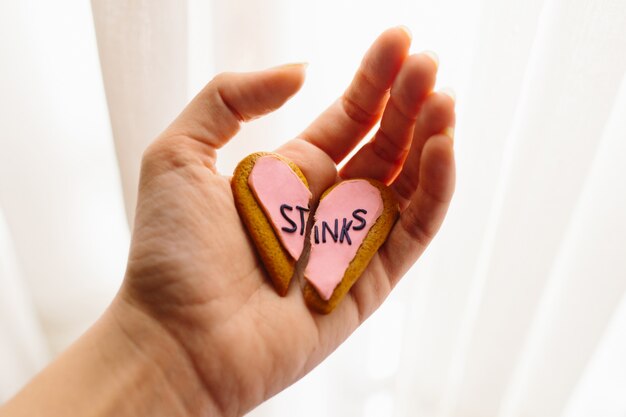 Mano de mujer sosteniendo un corazón roto galletas de jengibre decoradas con fondant rosa con el mensaje apesta. Concepto de desamor.
