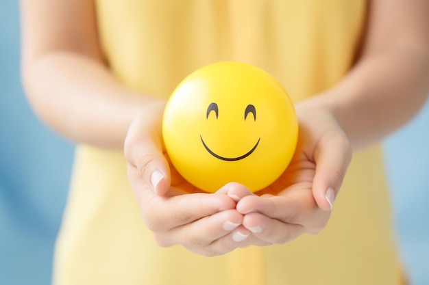 Mano de mujer sosteniendo emoji de sonrisa feliz esfera Posición