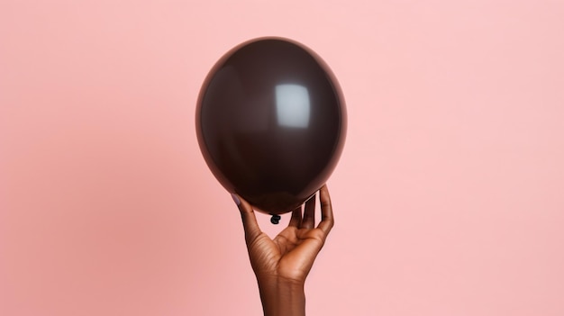 mano de mujer sosteniendo globo rosa sobre fondo pastel