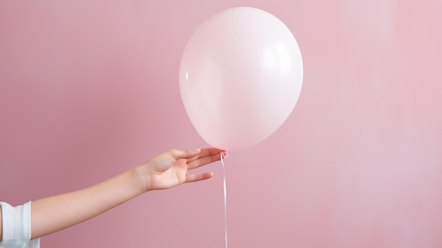 mano de mujer sosteniendo globo rosa sobre fondo pastel