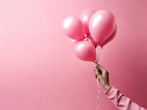 Foto la mano de una mujer sosteniendo globos rosados con porcentaje en fondo rosado minimal venta y descuento
