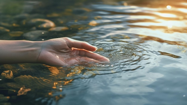 La mano de la mujer sosteniendo una gota de agua en el fondo de la ai regenerativa del río