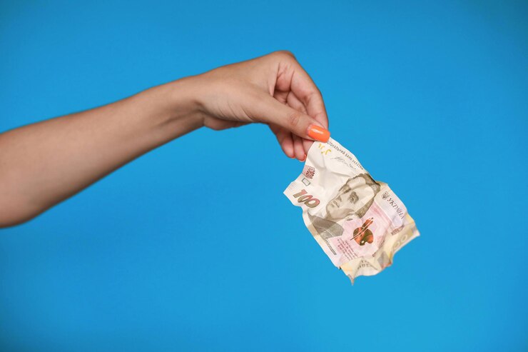La mano de una mujer sosteniendo una hryvnia ucraniana arrugada