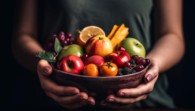 Una mano de mujer sosteniendo una manzana fresca que simboliza una alimentación saludable generada por IA