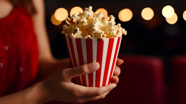 Mano de mujer sosteniendo palomitas de maíz en el cine