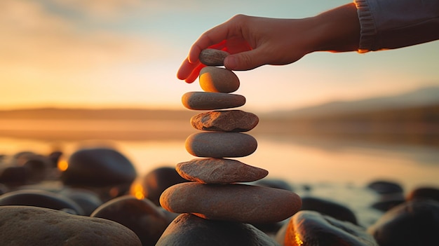 La mano de una mujer sosteniendo una pila de piedras zen en la playa