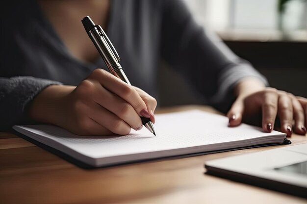 Mano de mujer sosteniendo pluma con escritura en papel