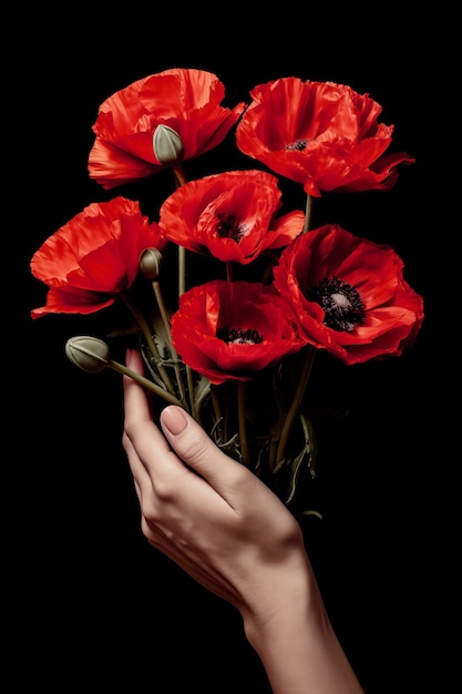 Foto la mano de la mujer sosteniendo un ramo de amapolas rojas sobre un fondo negro día de la memoria