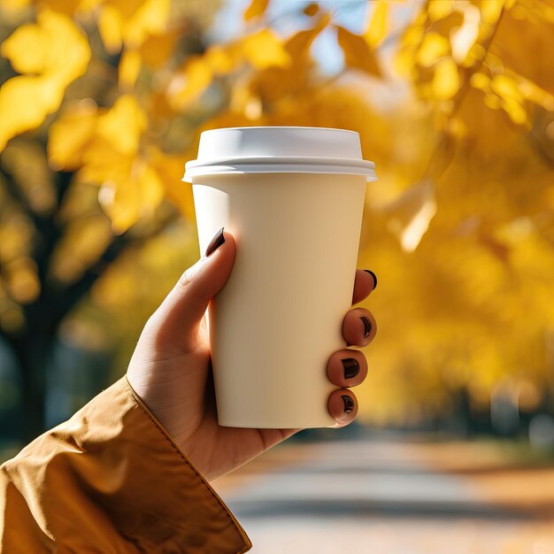 Mano de mujer sosteniendo una taza de café en blanco para llevar foto de primer plano para maqueta del parque de otoño en el fondo