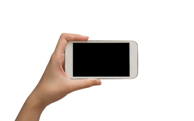 Mano de mujer sosteniendo teléfono inteligente aislado sobre fondo blanco con trazado de recorte