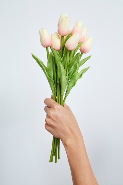 Mano de mujer sosteniendo tulipanes