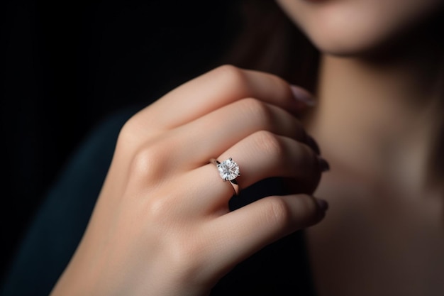 La mano de una mujer sostiene un anillo de diamantes.