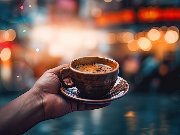 La mano de la mujer sostiene el café en el fondo de una cafetería o restaurante