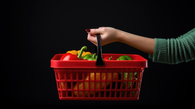 La mano de una mujer sostiene una cesta de la compra