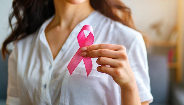 La mano de la mujer sostiene una cinta rosa que simboliza la concienciación y la atención médica del cáncer de mama
