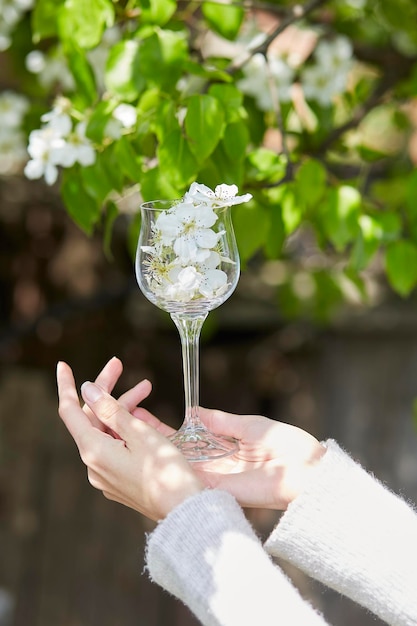 La mano de una mujer sostiene una copa de vino llena de flores florecientes de los árboles. La estética del núcleo de la cabaña se conecta con la naturaleza. Disfruta de las pequeñas cosas. Estilo de vida tranquilo y concepto de vida sostenible.