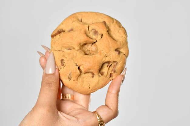 Foto la mano de una mujer sostiene una galleta con un fondo blanco.