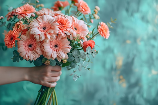 La mano de la mujer sostiene un ramo de flores de gerberas en primer plano de fondo azul