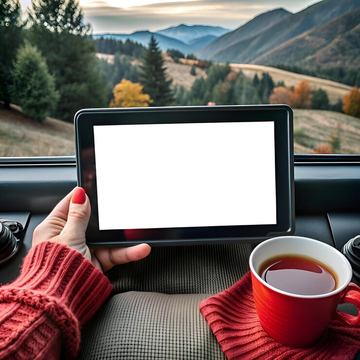 Foto la mano de una mujer sostiene una tableta con una pantalla blanca en blanco posicionada contra un telón de fondo escénico de una cordillera