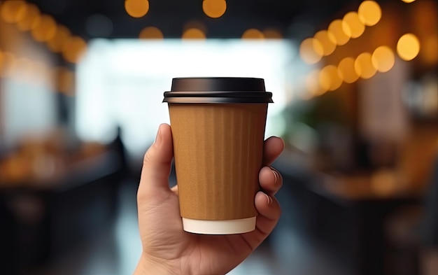 La mano de la mujer sostiene una taza de café de papel para llevar en el fondo de una cafetería o restaurante