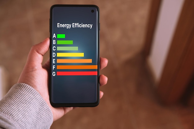 Foto la mano de la mujer sostiene un teléfono inteligente con etiquetas de calificación de eficiencia energética en la pantalla bajo consumo