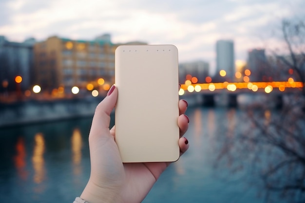 La mano de la mujer sostiene un teléfono inteligente con una pantalla blanca contra el fondo de la ciudad