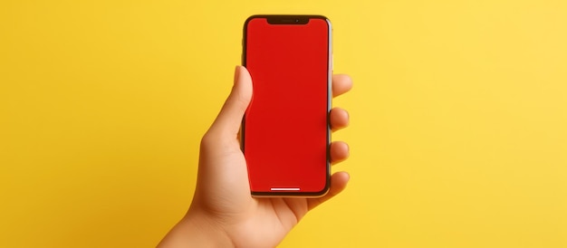 La mano de la mujer sostiene un teléfono móvil con una pantalla roja en un fondo amarillo de copia roja Generar IA