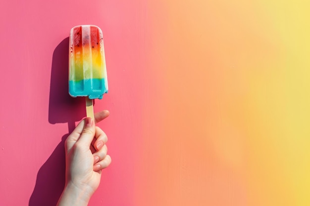 Foto la mano de la mujer sostiene el vibrante hielo de frutas pop contra un telón de fondo rosa