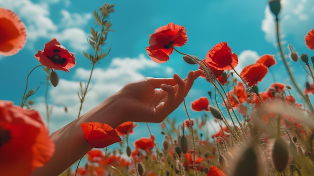 La mano de una mujer tocando amapolas de cerca en un campo de amapolas.